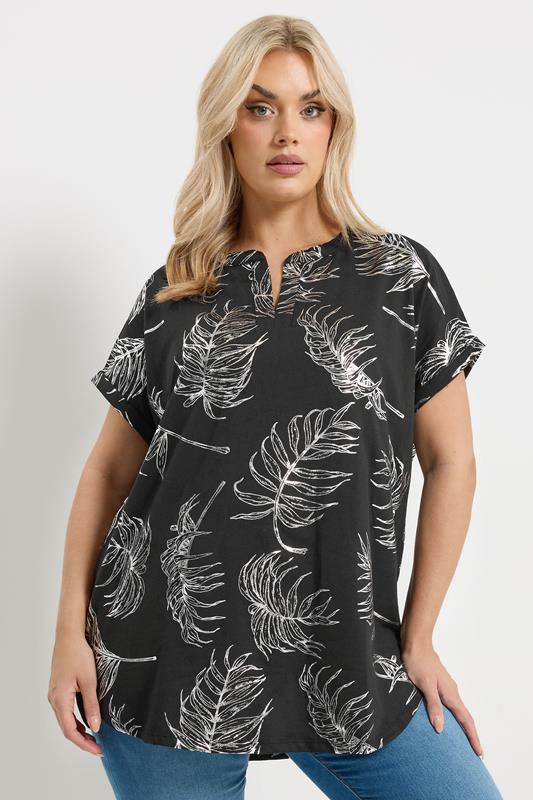 YOURS Plus Size Leaf Print Notch Neck Top | Yours Clothing 1