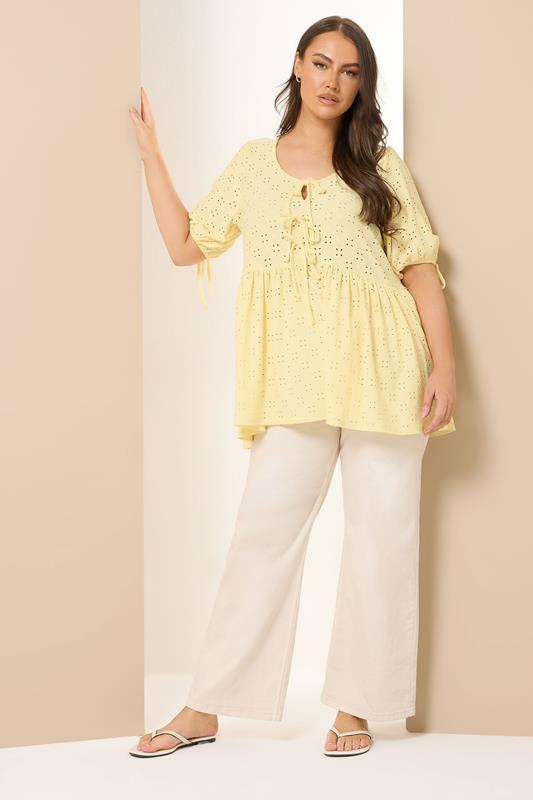 YOURS Plus Size Yellow Broderie Anglaise Tie Front Peplum Top | Yours Clothing 1