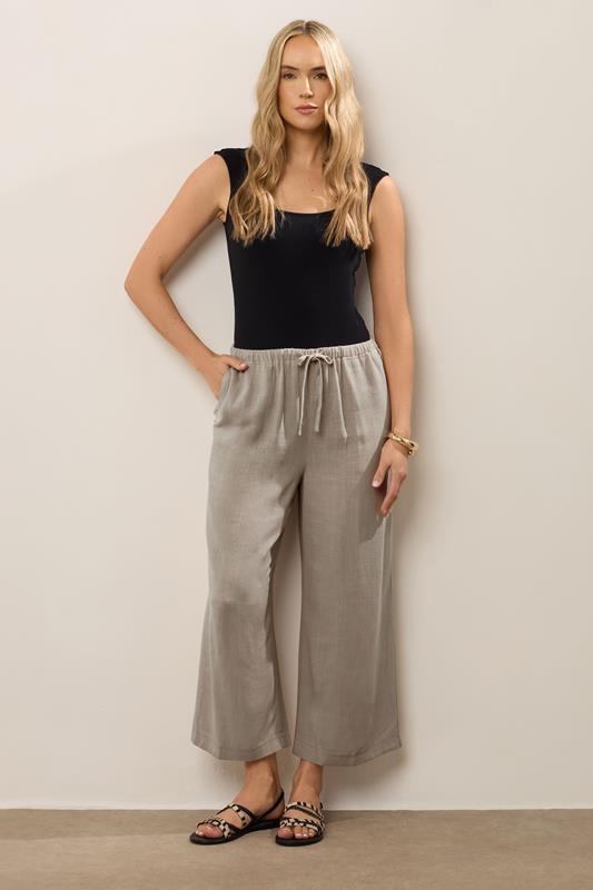 LTS Tall Women's Beige Brown Linen Tie Waist Cropped Trousers | Long Tall Sally  1