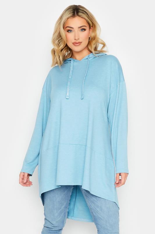 Plus Size  YOURS Curve Blue Metallic Cord Dipped Hem Hoodie
