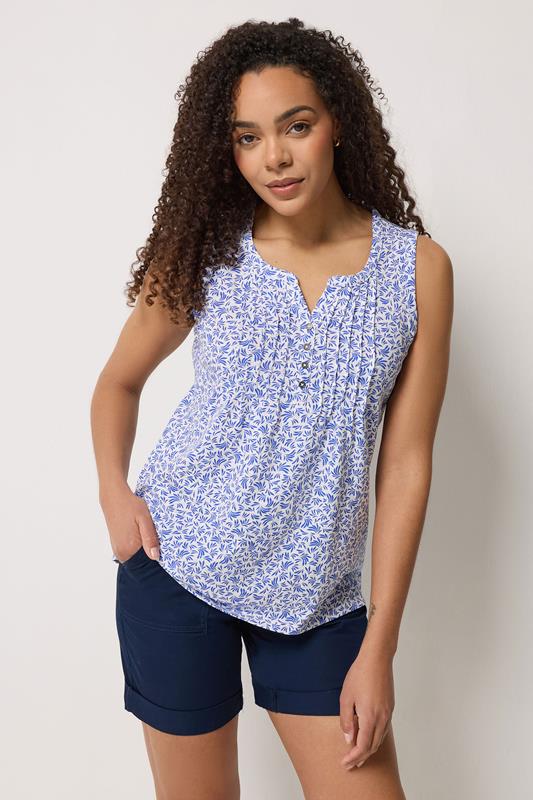  M&Co White & Blue Leaf Print Cotton Sleeveless Henley Top