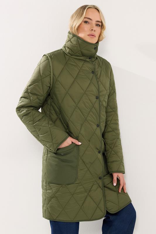 LTS Tall Khaki Green Funnel Neck Quilted Coat