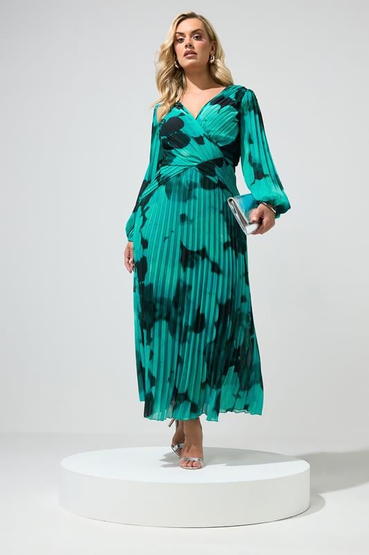 YOURS LONDON Plus Size Teal Green Abstract Pleated Dress | Yours Clothing 1