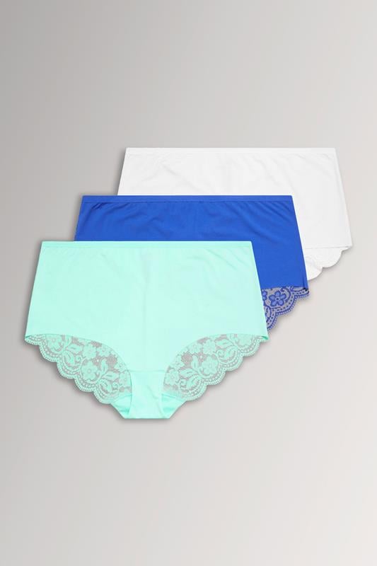 YOURSET 3 PACK Curve Blue & White Lace Back High Waisted Knickers