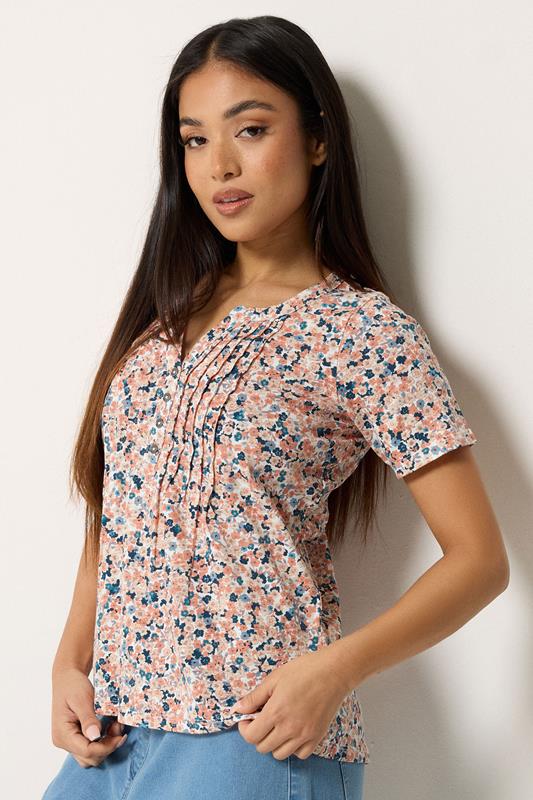 M&Co Petite Orange Ditsy Floral Cotton Henley Top | M&Co 1