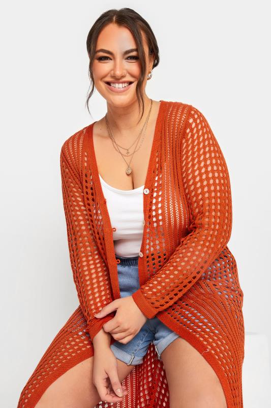 YOURS Plus Size Orange Crochet Button Longline Cardigan | Yours Clothing 4