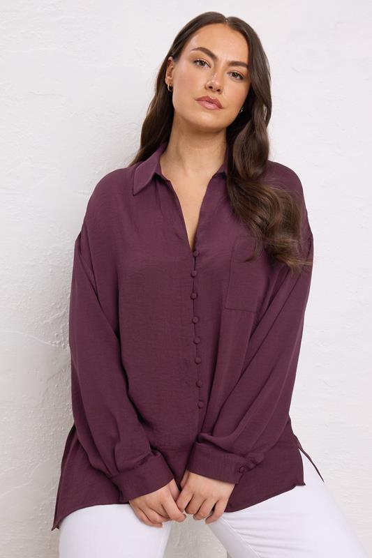  EVANS Curve Burgundy Red Dipped Hem Oversized Shirt