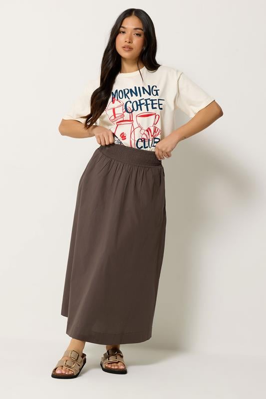 PixieGirl Petite Women's Chocolate Brown Poplin Shirred Cotton Maxi Skirt | PixieGirl 1