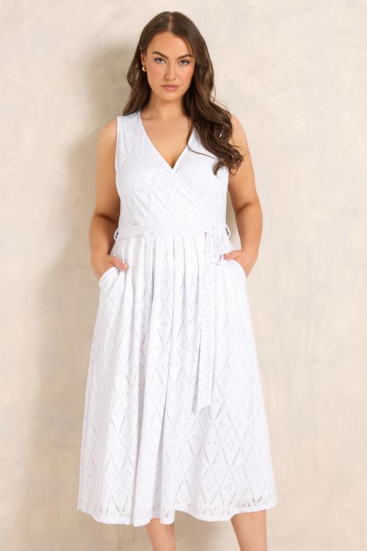 EVANS Curve White Broderie Wrap Midi Dress