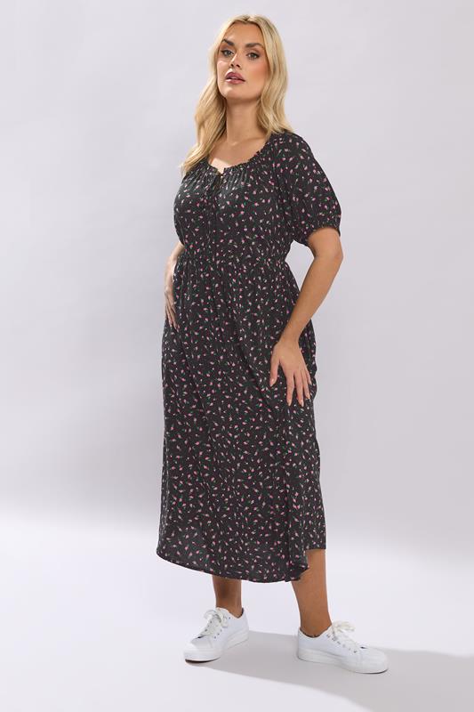 YOURS Curve Black Ditsy Floral Midi Dress