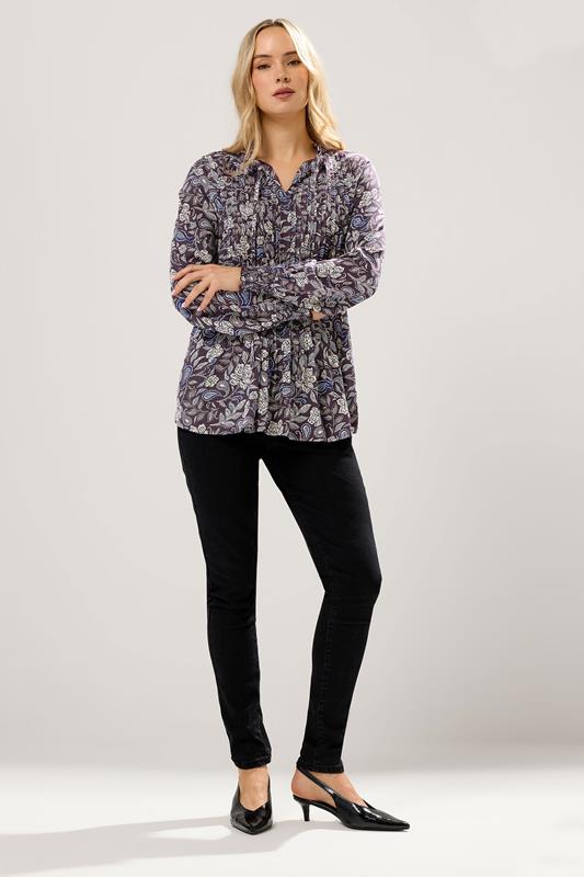 LTS Tall Purple Floral Tie Neck Pintuck Blouse | Long Tall Sally 1