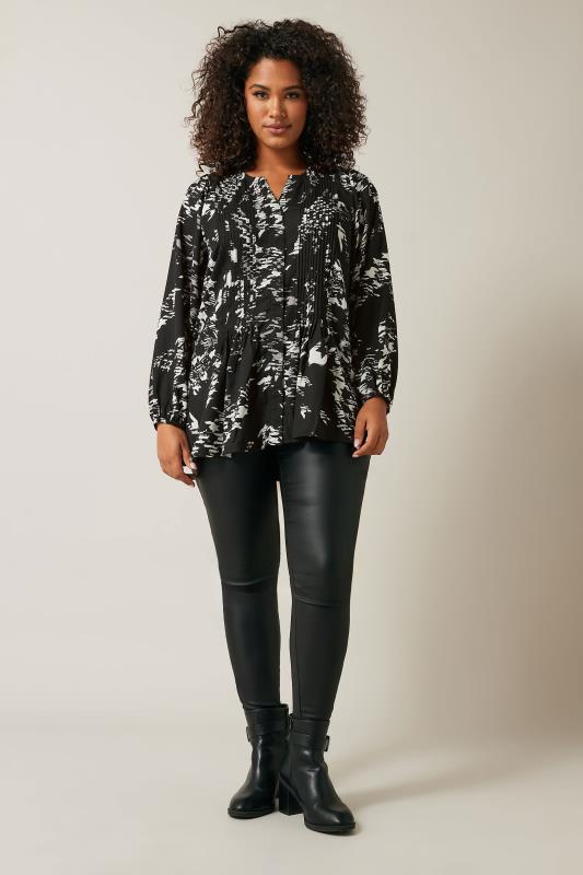 EVANS Plus Size Black Dogtooth Print Pintuck Blouse | Evans  1