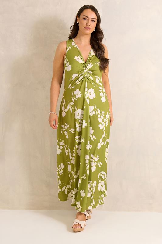 EVANS Plus Size Chartreuse Floral Print Knot Front Maxi Dress | Evans 1