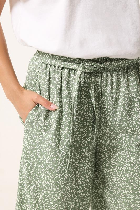 PixieGirl Petite Women's Sage Green Leaf Print Cropped Trousers | PixieGirl 4