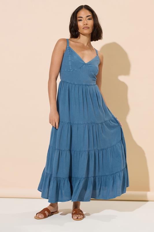 PixieGirl Petite Women's Blue Acid Wash Tie Back Tiered Dress | PixieGirl 1