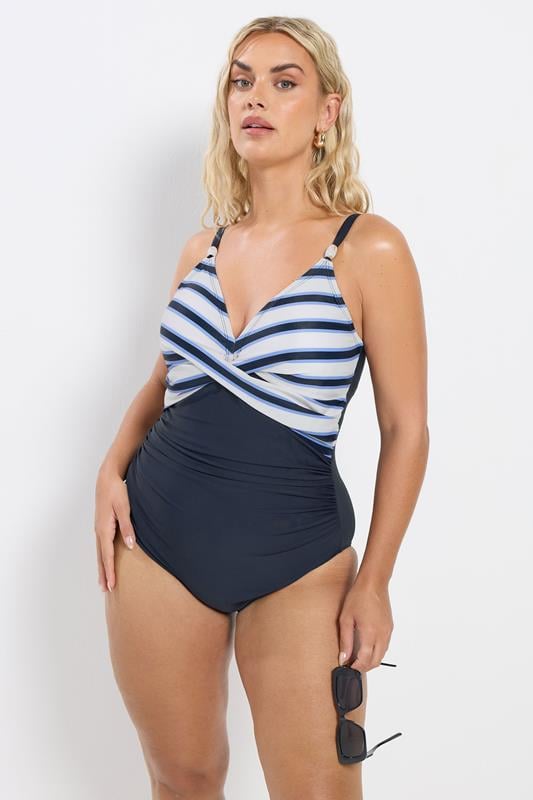 YOURS Curve Navy Blue Stripe Swimsuit