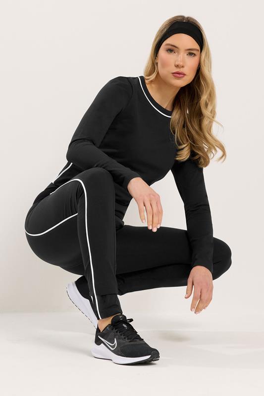 LTS Tall Set Black Cotton Active Piped Long Sleeve Top & Leggings