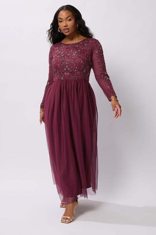 LUXE Plus Size Burgundy Red Sequin Floral Hand Embellished Maxi Dress | Yours Clothing 4