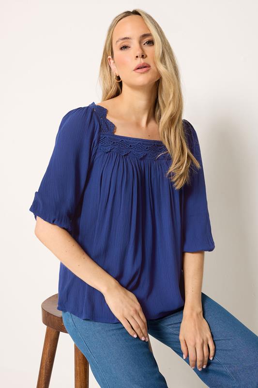LTS Tall Blue Square Neck Textured Top
