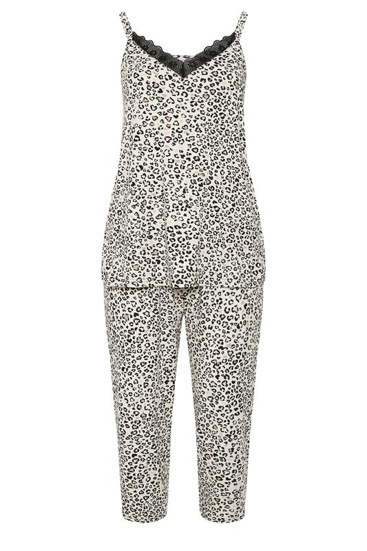 YOURS Plus Size Ivory White Leopard Soft Touch Cropped Pyjama Set | Yours Clothing 5