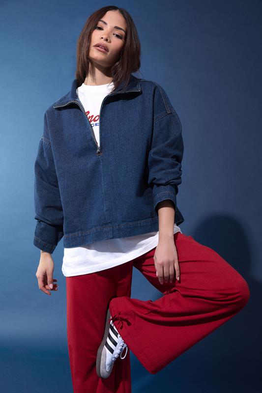 PixieGirl Petite Dark Blue Denim Quarter Zip Cotton Top