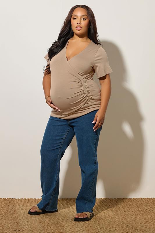 BUMP IT UP Plus Size Brown Button Detail Wrap Top | Yours Clothing 1