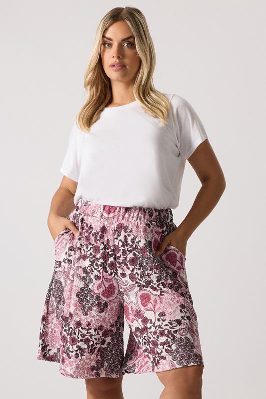YOURS Plus Size Pink Paisley Print Textured Shorts | Yours Clothing 1