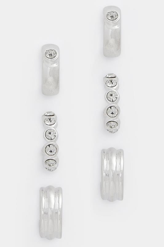 YOURSET 3 PACK Silver Tone Diamante Hoop Earrings | Yours Clothing 1