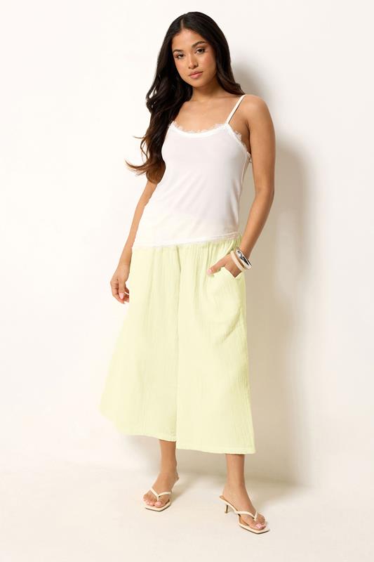 PixieGirl Petite Women's Lemon Yellow Cotton Cheesecloth Cropped Wide Leg Trousers | PixieGirl 1