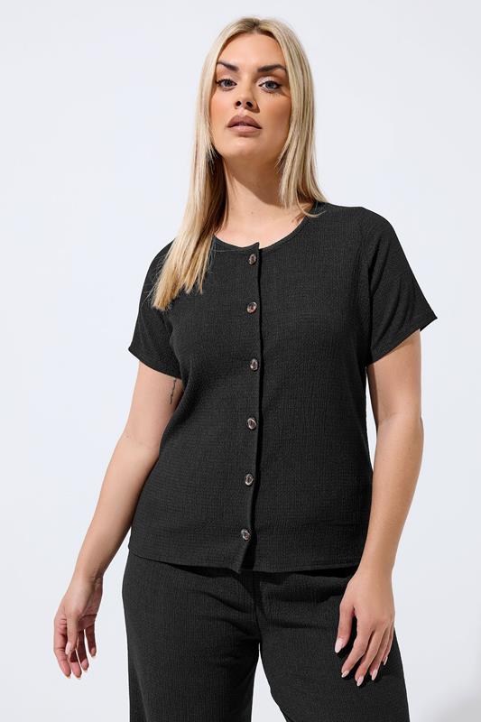 LIMITED COLLECTION Plus Size Black Crinkle Short Sleeve Top | Yours Clothing 1