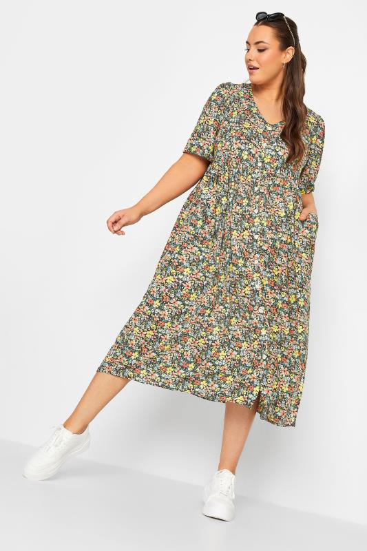 LIMITED COLLECTION Plus Size Yellow Floral Drop Pocket Smock Dress | Yours Clothing 1