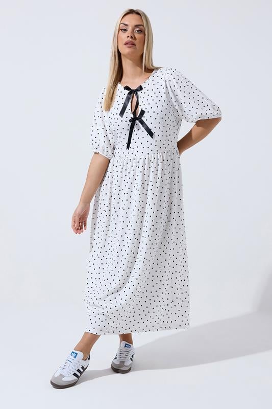 LIMITED COLLECTION Curve Ivory White Polka Dot Bow Dress