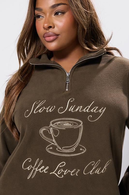 YOURS Plus Size Chocolate Brown 'Coffee Lover Club' Quarter Zip Fleece | Yours Clothing 5