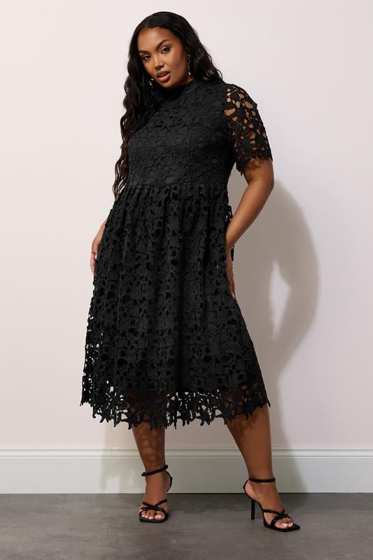 YOURS LONDON Plus Size Black Lace Crochet Midi Dress | Yours Clothing  2