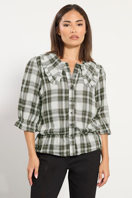 PixieGirl Petite Women's Green Check Collar Smock Top | PixieGirl 1