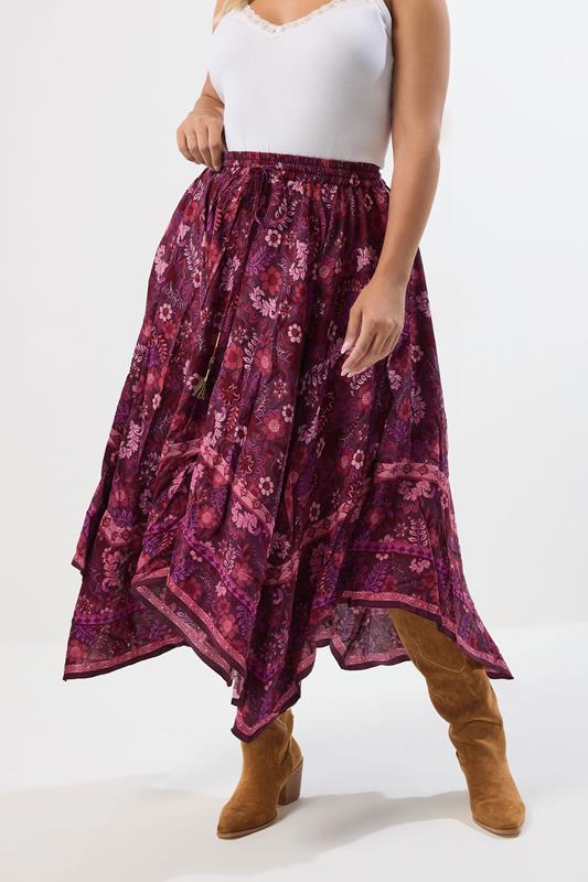 YOURS Plus Size Red Floral Print Hanky Hem Skirt | Yours Clothing 1
