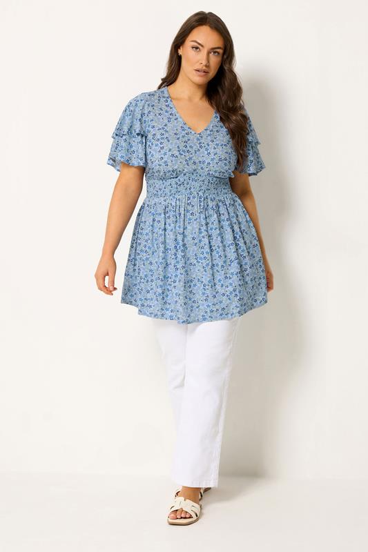 YOURS Plus Size Blue Ditsy Floral Flutter Sleeve Top | Yours Clothing 1