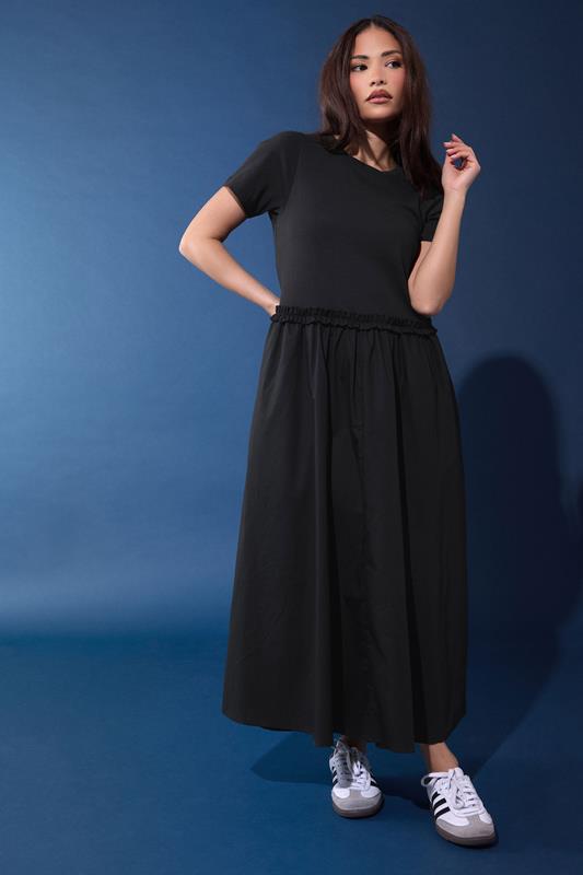 PixieGirl Petite Women's Black Mixed Ruffle Cotton Midi Dress | PixieGirl  1