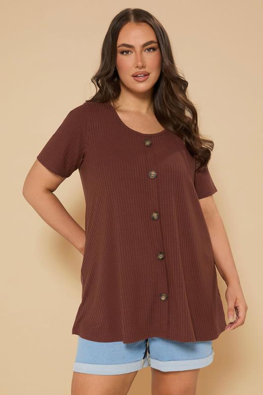 YOURS Plus Size Rust Orange Button Front Ribbed Swing Top | Yours Clothing 1