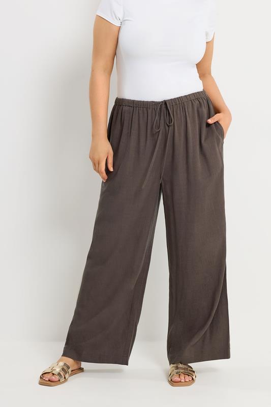 YOURS Curve Chocolate Brown Wide Leg Linen Trousers