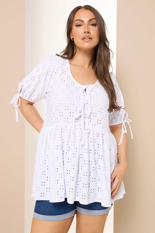 YOURS Plus Size White Broderie Anglaise Tie Front Peplum Top | Yours Clothing 1