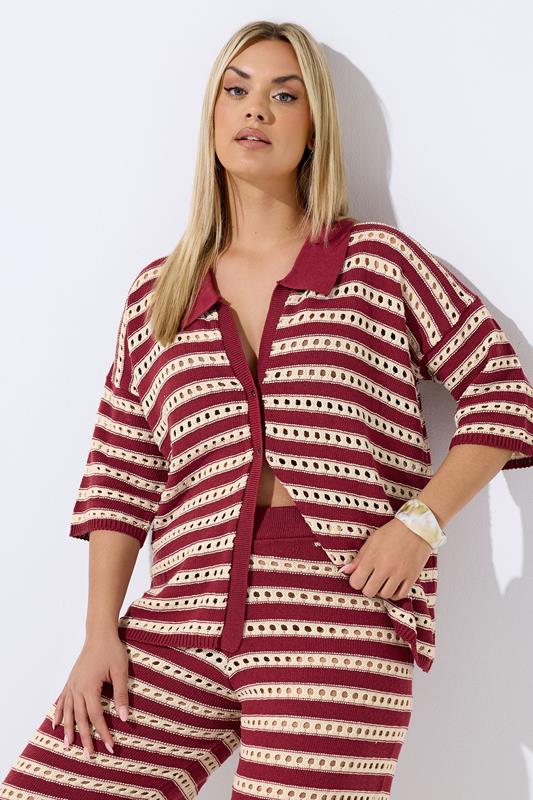  LIMITED COLLECTION Curve Burgundy Red Stripe Crochet Shirt