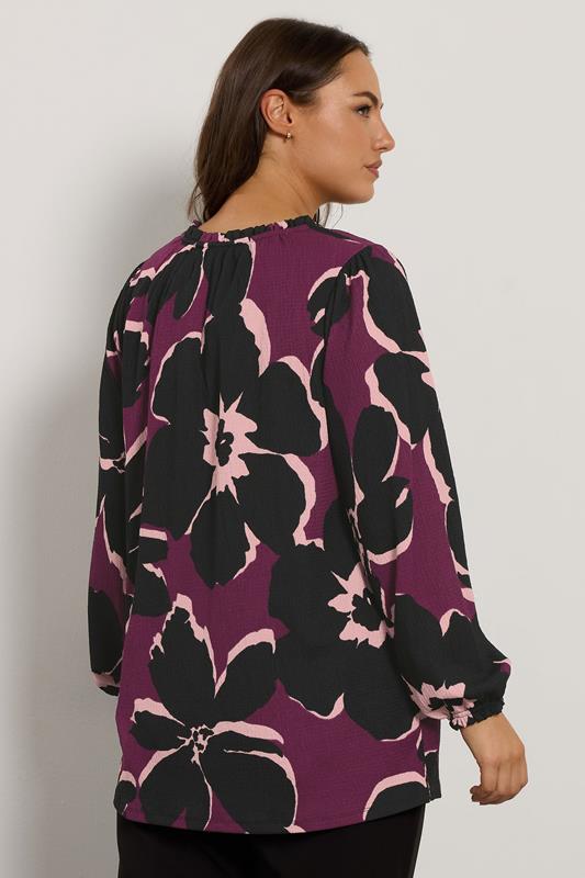 EVANS Plus Size Purple & Black Floral Tie Neck Blouse | Evans 2
