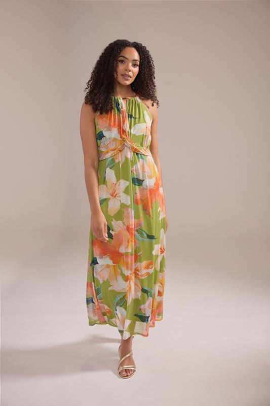  M&Co Green Floral Print Mesh Knot Front Halter Maxi Dress