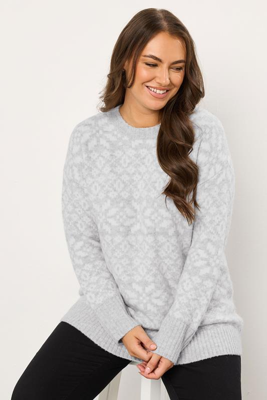 EVANS Plus Size Grey & White Fairisle Knitted Jumper | Evans 1