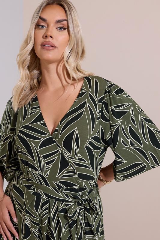 YOURS Plus Size Khaki Green Leaf Wrap Maxi Dress | Yours Clothing 4