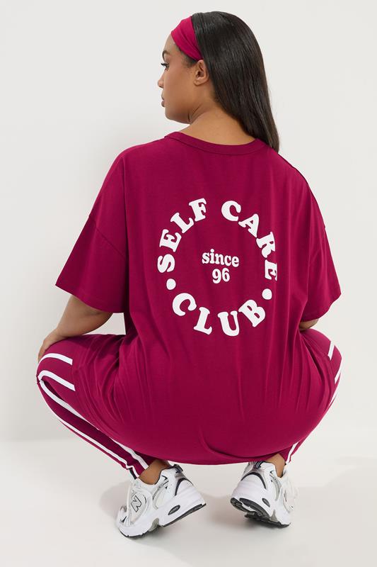 YOURS ACTIVE Plus Size Burgundy Red 'Self Care Club' T-Shirt | Yours Clothing 4