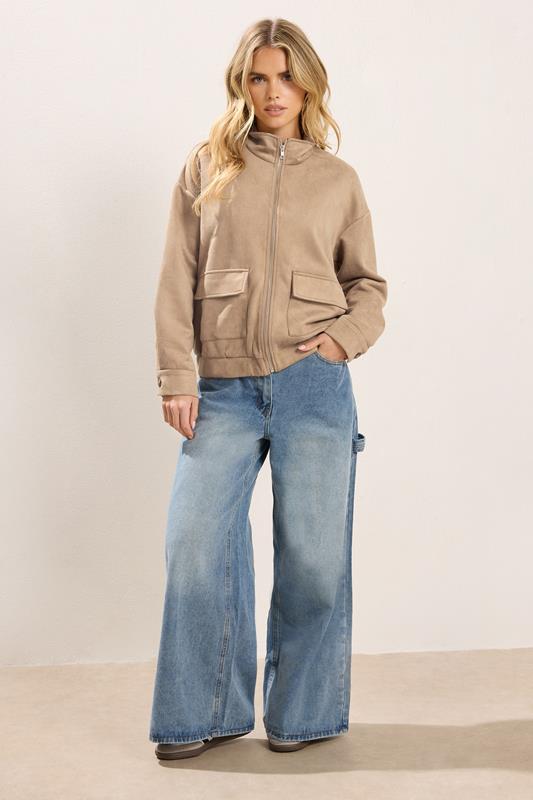 PixieGirl Petite Women's Natural Brown Faux Suede Bomber Jacket | PixieGirl 2
