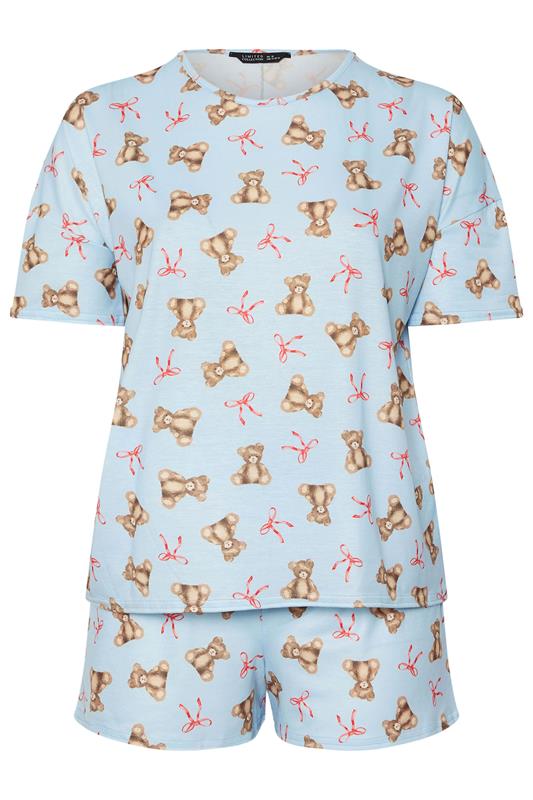 LIMITED COLLECTION Plus Size Set Blue Teddy Bear Bow Short Pyjama | Yours Clothing 5