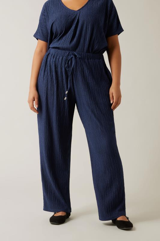 EVANS Plus Size Navy Blue Plisse Wide Leg Trousers | Evans 1
